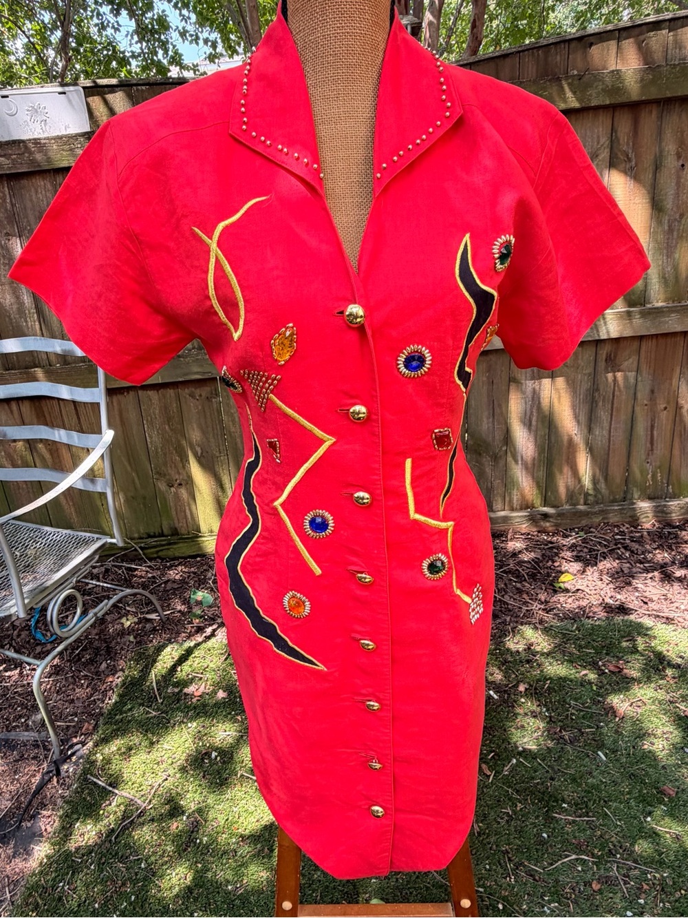 Vintage 80s/90s Adam Douglass by Adrianna Papell Red Jeweled Embroidered Dress